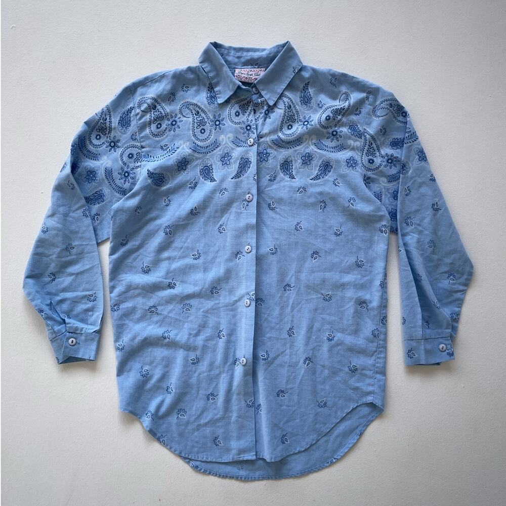 Vtg 80s Blue Paisley Long Sleeve Western Button Up Shirt / PARIS SPORT CLUB
